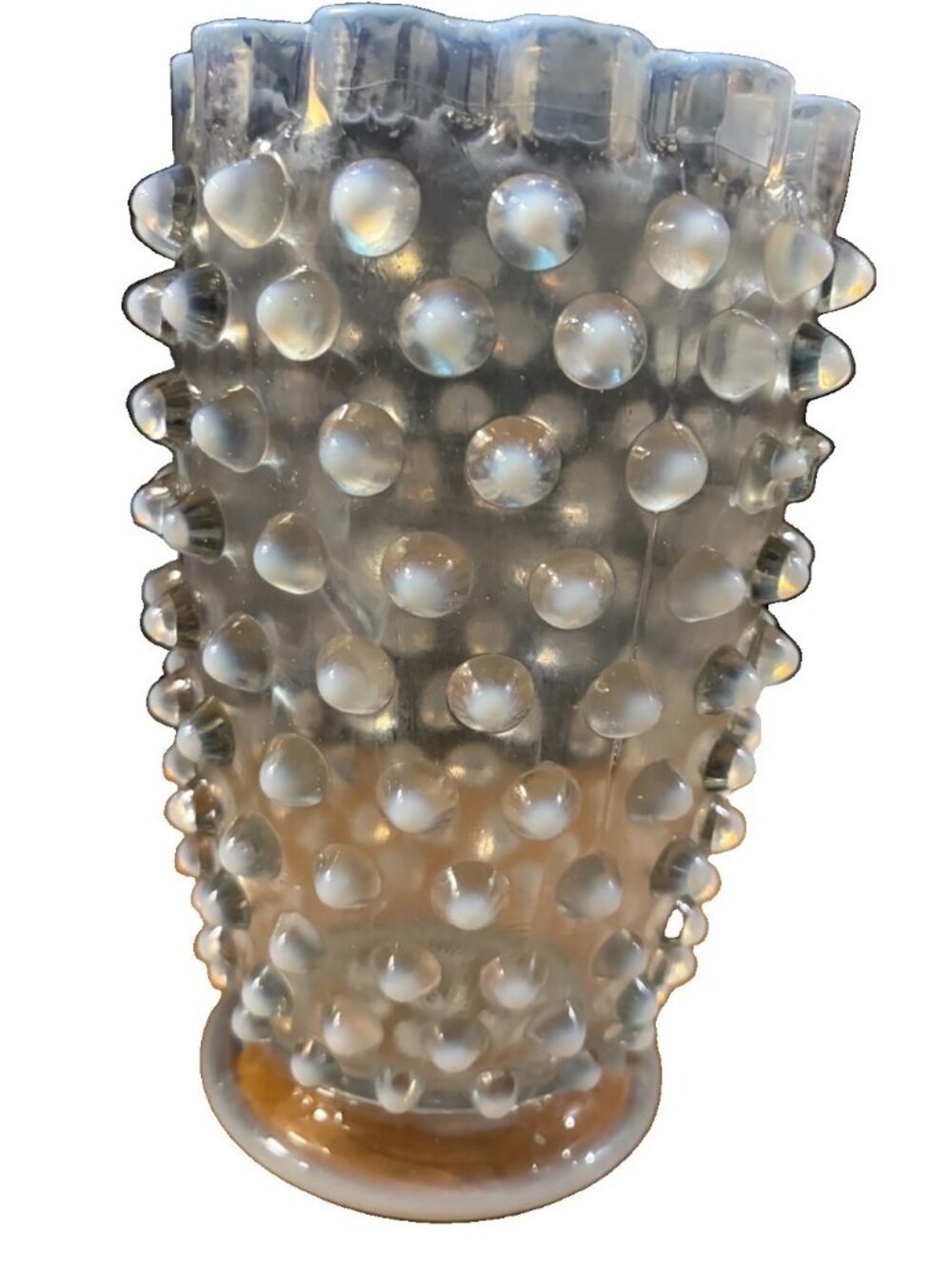 Vintage Opalescent Hobnail Milk Glass Vase Scalloped Rim 6.75” Fenton Style